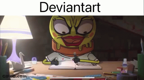 A Cartoon Character Is Sitting At A Desk With Deviantart Written On The Top GIF