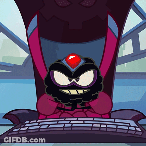 Cartoon Character Sitting At Keyboard With Red Jewel On Head GIF