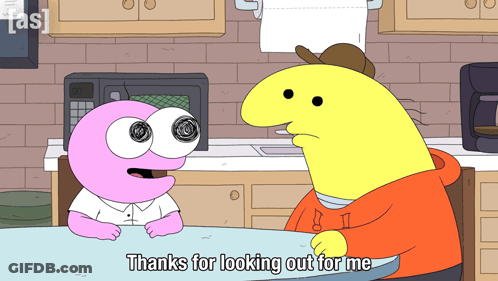 A Cartoon Character Is Sitting At A Table And Says Thanks For Looking Out For Me GIF