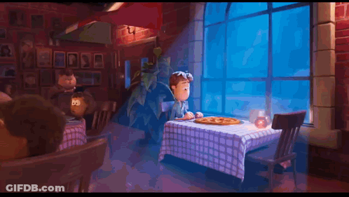 A Cartoon Character Is Sitting At A Table Eating A Pizza GIF