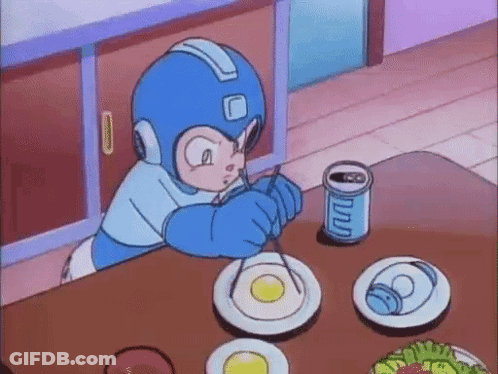 A Cartoon Character Is Sitting At A Table Eating Eggs And Drinking A Soda . GIF