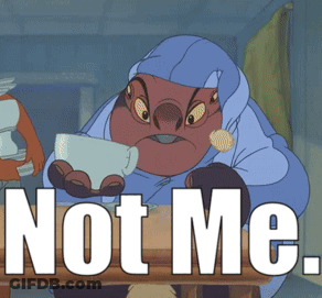 A Cartoon Character Is Sitting At A Table Holding A Cup And Says Not Me GIF