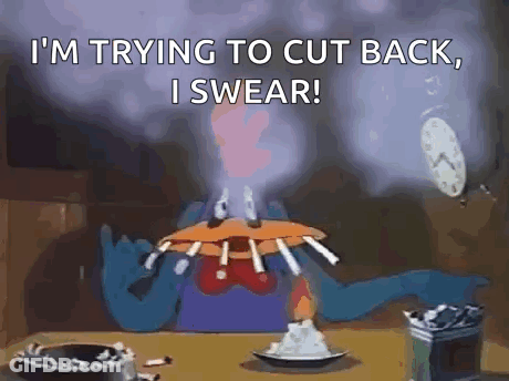 A Cartoon Character Is Sitting At A Table Holding A Plate Of Cigarettes . GIF