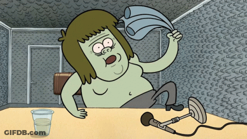 A Cartoon Character Is Sitting At A Table Holding A Watering Can GIF
