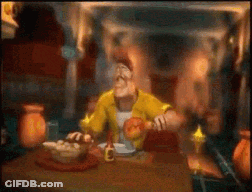 A Cartoon Character Is Sitting At A Table With A Bowl Of Food And A Bottle Of Sauce . GIF