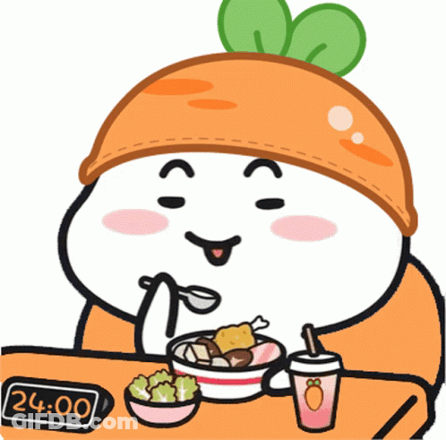 A Cartoon Character Is Sitting At A Table With A Bowl Of Food And A Clock That Reads 24:00 GIF