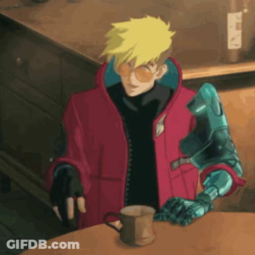 A Cartoon Character Is Sitting At A Table With A Cup Of Coffee In Front Of Him . GIF