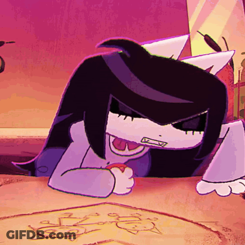 A Cartoon Character Is Sitting At A Table With A Drawing Of A Cat On It GIF