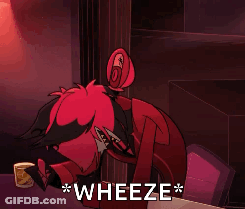 A Cartoon Character Is Sitting At A Table With A Drink And Says Wheeze * . GIF