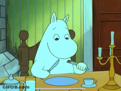 A Cartoon Character Is Sitting At A Table With A Knife And Fork In His Hand GIF