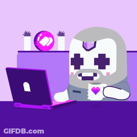 A Cartoon Character Is Sitting At A Table With A Laptop And A Cup Of Coffee GIF