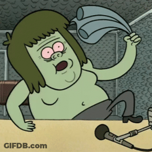 A Cartoon Character Is Sitting At A Table With A Microphone And Pouring Water On His Head GIF