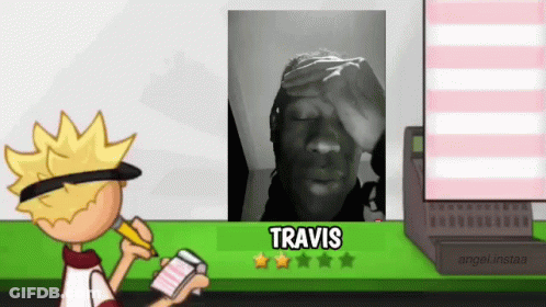 A Cartoon Character Is Sitting At A Table With A Picture Of Travis GIF