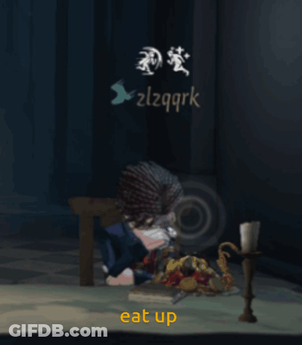 A Cartoon Character Is Sitting At A Table With A Plate Of Food And A Sign That Says " Eat Up " GIF