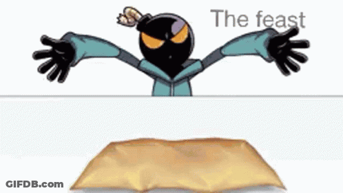 A Cartoon Character Is Sitting At A Table With A Plate Of Food . GIF