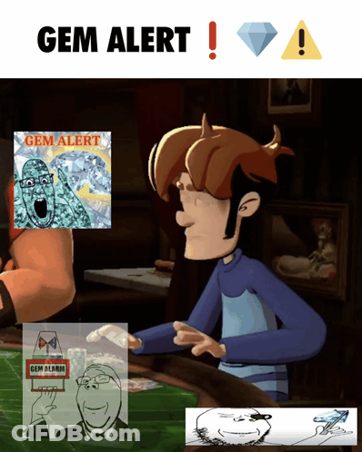A Cartoon Character Is Sitting At A Table With A Sign That Says " Gem Alert " GIF