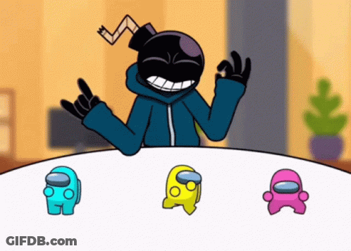A Cartoon Character Is Sitting At A Table With Among Us Characters GIF