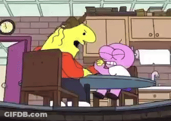 A Cartoon Character Is Sitting At A Table With Another Character GIF