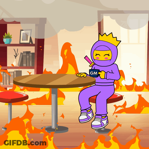 A Cartoon Character Is Sitting At A Table With Gm Written On Her Hoodie GIF