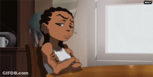 A Cartoon Character Is Sitting At A Table With His Arms Crossed And A White Background With The Word Hoost Written On It GIF