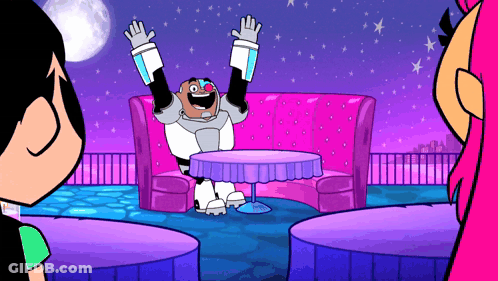 A Cartoon Character Is Sitting At A Table With His Arms Outstretched GIF