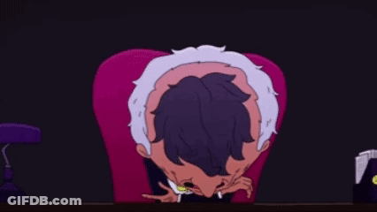 A Cartoon Character Is Sitting At A Table With His Mouth Open And Smoking A Cigarette . GIF