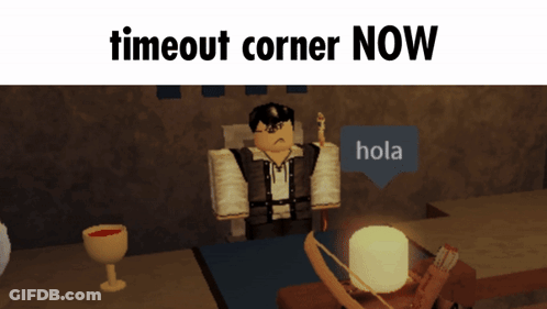 A Cartoon Character Is Sitting At A Table With The Words Timeout Corner Now Below Him GIF