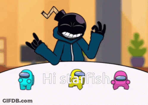 A Cartoon Character Is Sitting At A Table With Three Among Us Characters And The Words Hi Starfish GIF