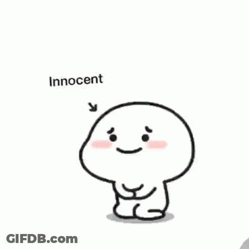 A Cartoon Character Is Sitting Down And Smiling With The Words `` Innocent '' Written On It . GIF