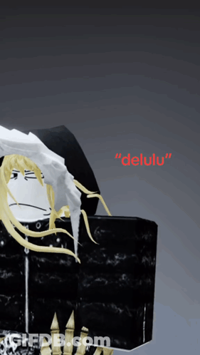 A Cartoon Character Is Sitting In A Black Box And Says " Delulu " In Red Letters GIF