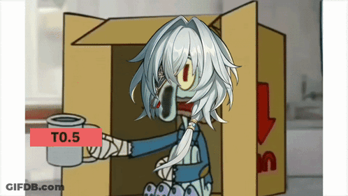 A Cartoon Character Is Sitting In A Cardboard Box And Holding A Cup With A To.5 Sign Below It GIF