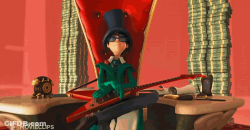 A Cartoon Character Is Sitting In A Chair Holding A Guitar And A Gun GIF