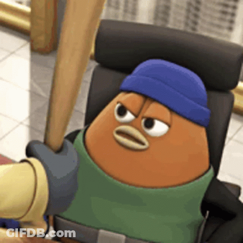 A Cartoon Character Is Sitting In A Chair With A Baseball Bat In His Hand . GIF