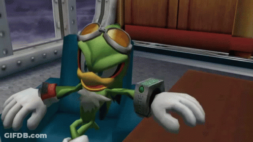 A Cartoon Character Is Sitting In A Chair With A Watch On His Wrist That Says ' Sonic ' On It GIF