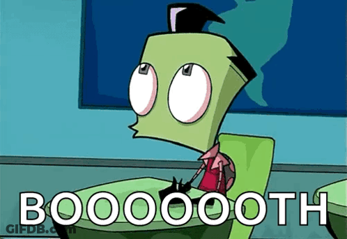 A Cartoon Character Is Sitting In A Chair With The Word Boooooth Written On It GIF