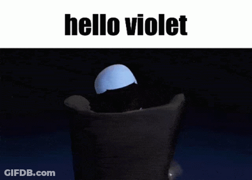 A Cartoon Character Is Sitting In A Chair With The Words Hello Violet Above Him . GIF