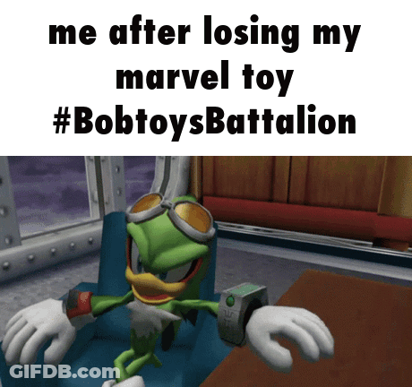 A Cartoon Character Is Sitting In A Chair With The Words Me After Losing My Marvel Toy #Bobtoysbattalion GIF