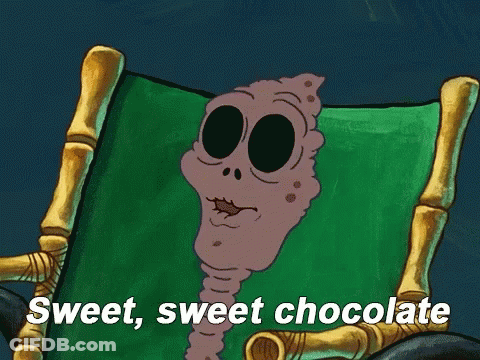 A Cartoon Character Is Sitting In A Chair With The Words Sweet Sweet Chocolate Above Him GIF