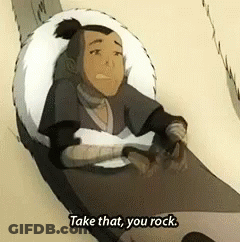 A Cartoon Character Is Sitting In A Chair With The Words `` Take That , You Rock '' Written On The Bottom . GIF