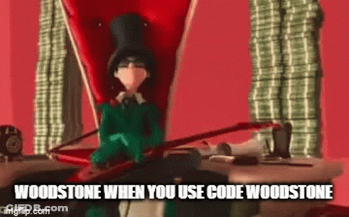 A Cartoon Character Is Sitting In A Chair With The Words Woodstone When You Use Code Woodstone On The Bottom GIF