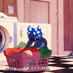 A Cartoon Character Is Sitting In A Laundry Basket With Clothes And Says `` Okay Fine '' . GIF