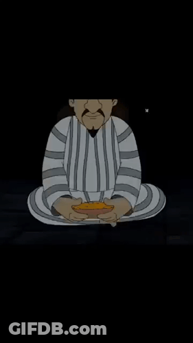 A Cartoon Character Is Sitting In A Lotus Position With His Hands Folded In Front Of Him . GIF