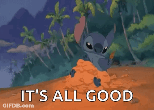 A Cartoon Character Is Sitting In A Pile Of Dirt With The Words `` It 'S All Good '' Written Above Him . GIF