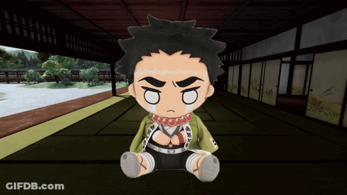 A Cartoon Character Is Sitting In A Room With His Eyes Closed And A Red Necklace Around His Neck GIF