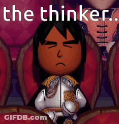 A Cartoon Character Is Sitting In A Row Of Red Chairs With The Words " The Thinker " Written Above Him GIF