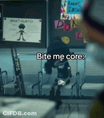 A Cartoon Character Is Sitting In A Waiting Room With A Sign That Says Bite Me Core GIF