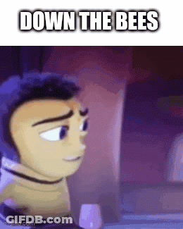 A Cartoon Character Is Sitting In Front Of A Computer Screen With The Words `` Down The Bees '' Written On It . GIF