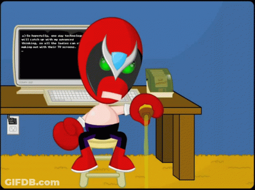 A Cartoon Character Is Sitting In Front Of A Computer With A Book On The Table That Says " Making Out With Their " GIF