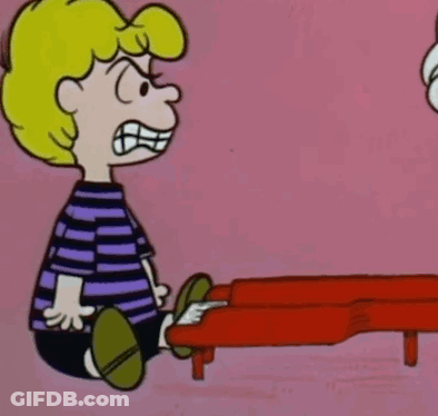 A Cartoon Character Is Sitting In Front Of A Red Piano And Making A Funny Face . GIF