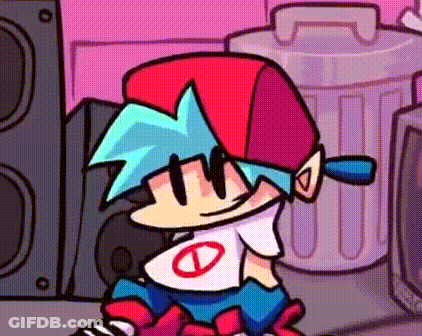 A Cartoon Character Is Sitting In Front Of A Trash Can And Speakers In A Room . GIF